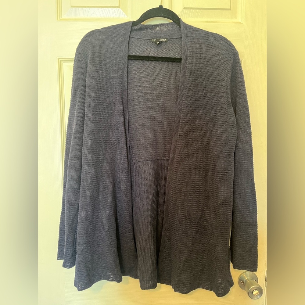 Eileen Fisher Navy Open-Front Knit Cardigan Grandmacore Cottagecore Boho Fairy